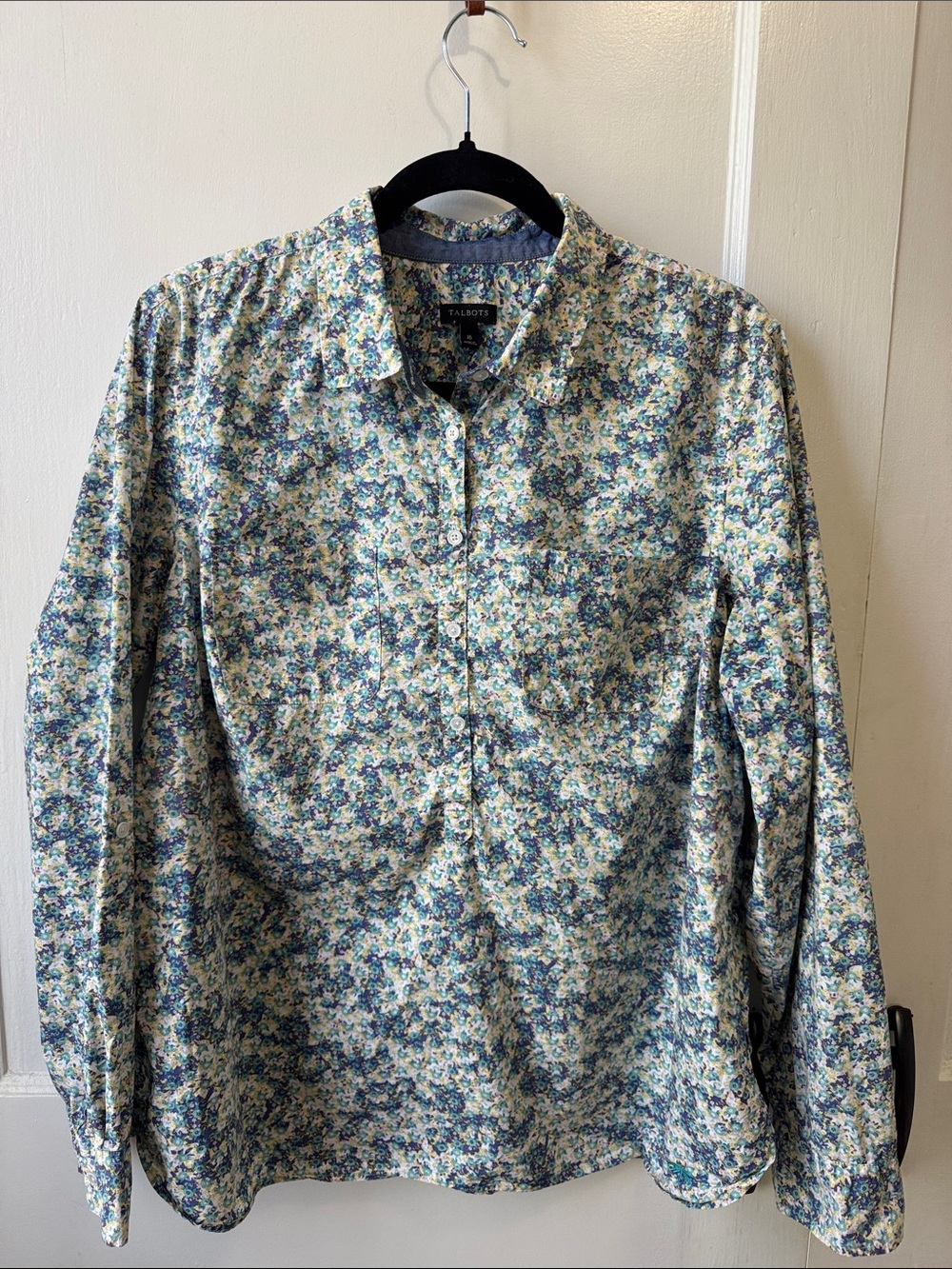 Talbots Floral Half Button-Down Shirt in Blue and Cream